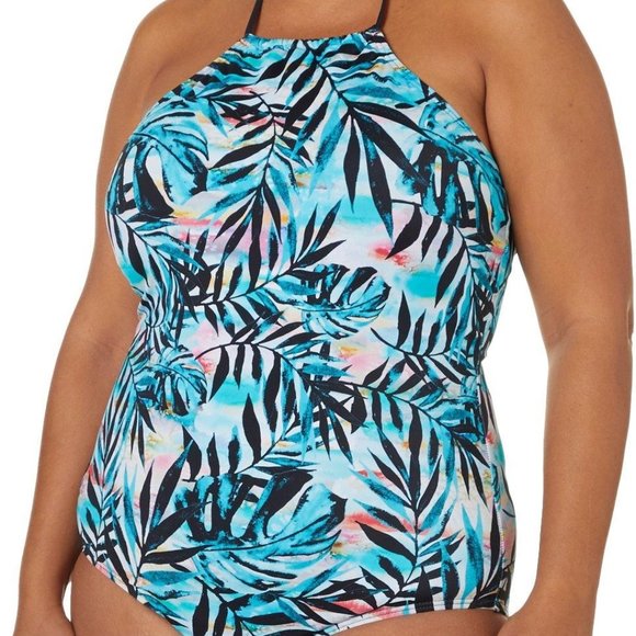 Reel Legends Multicolor Party Palm High Neck One Piece Swimsuit Womens XXL NWT - Picture 8 of 8
